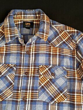 LEE Mens Heavy Flannel Shirt Medium Blue/Brown Plaid 100% Cotton